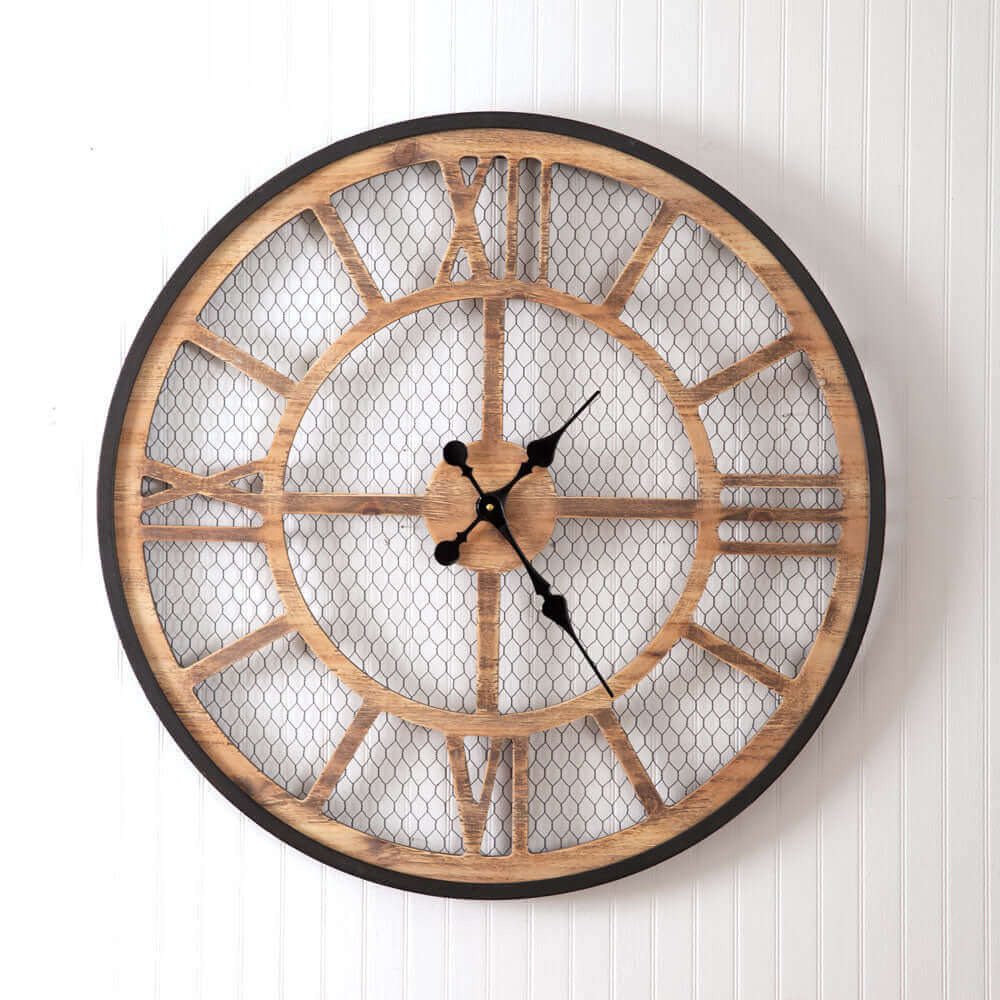 Round Rustic Farmhouse Chicken Wire Wall Clock-Clocks-Parc Decor