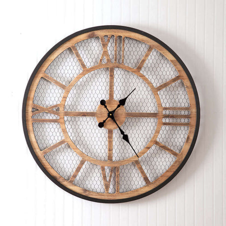 Round Rustic Farmhouse Chicken Wire Wall Clock-Clocks-Parc Decor