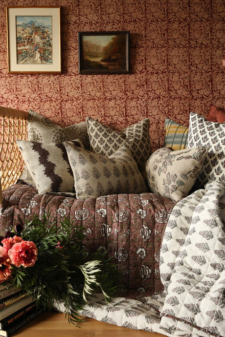 Ruby Cotton Block Print Quilted Coverlet-Quilts and Throws-Parc Decor