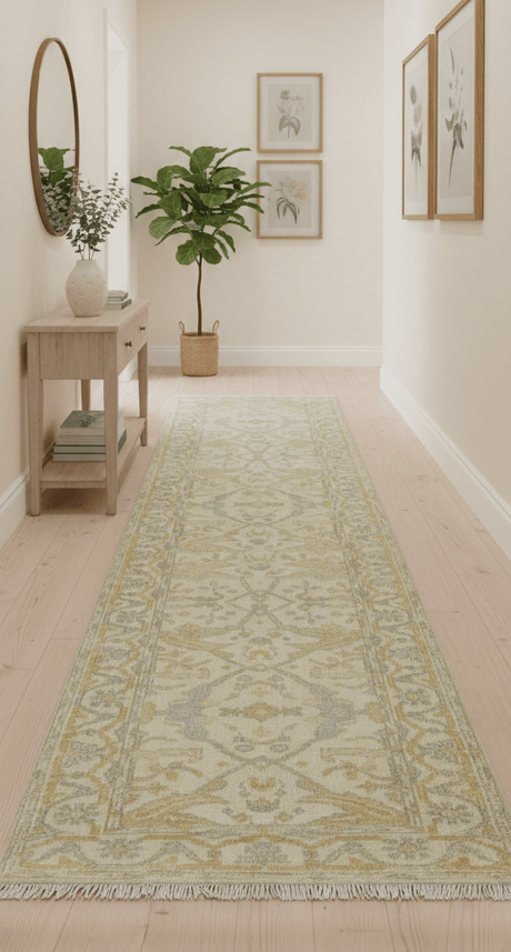 Runner Hand Knotted Traditional Oushak Design Beige 3x10 Wool Rug