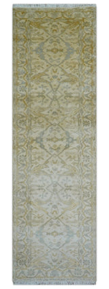 Runner Hand Knotted Traditional Oushak Design Beige 3x10 Wool Rug