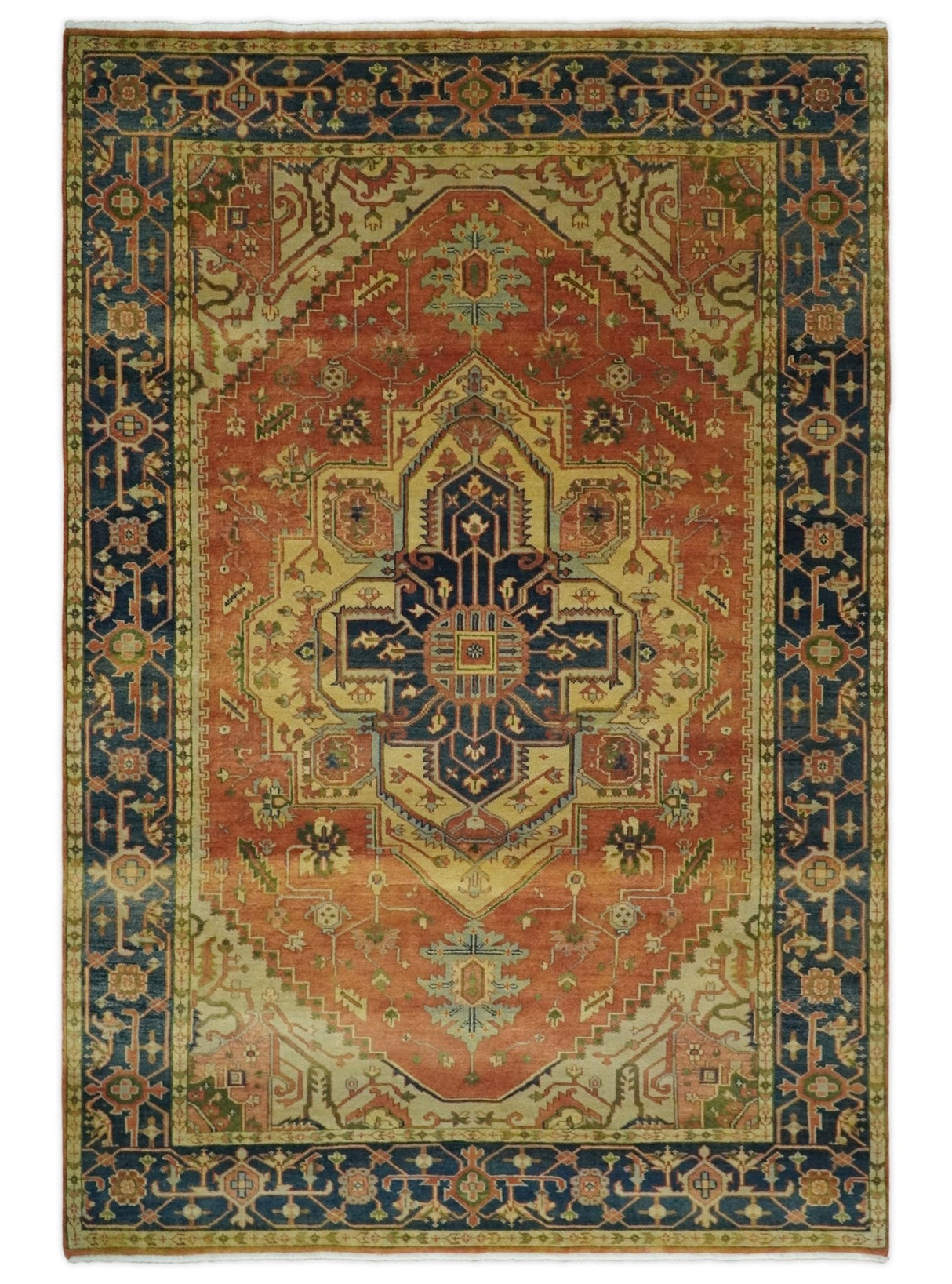 Rust And Blue Traditional Heriz Hand knotted Wool Area Rug