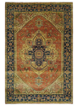 Rust And Blue Traditional Heriz Hand knotted Wool Area Rug
