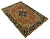 Rust And Blue Traditional Heriz Hand knotted Wool Area Rug