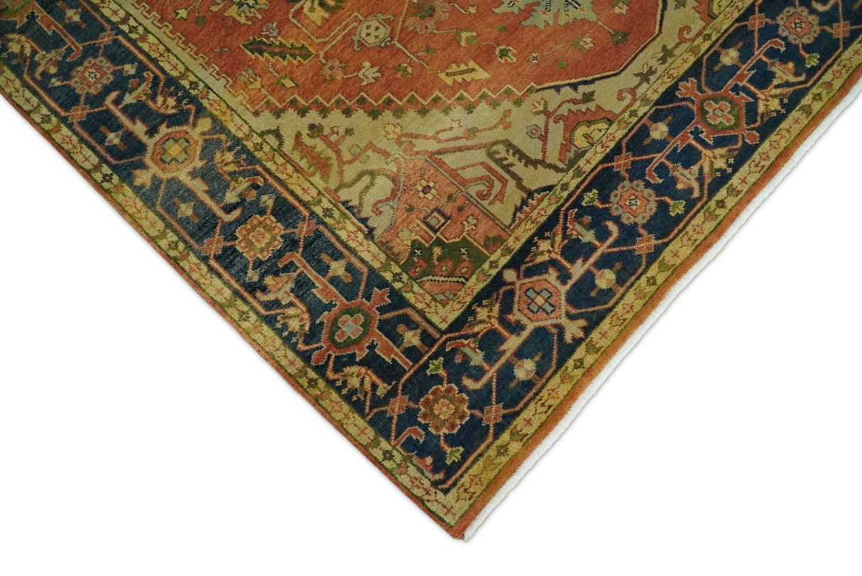 Rust And Blue Traditional Heriz Hand knotted Wool Area Rug