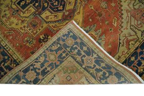 Rust And Blue Traditional Heriz Hand knotted Wool Area Rug