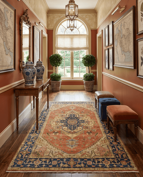 Rust And Blue Traditional Heriz Hand knotted Wool Area Rug
