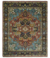 Rust And Blue Traditional Medallion Hand Knotted Wool Area Rug
