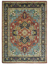 Rust And Blue Traditional Medallion Hand Knotted Wool Area Rug