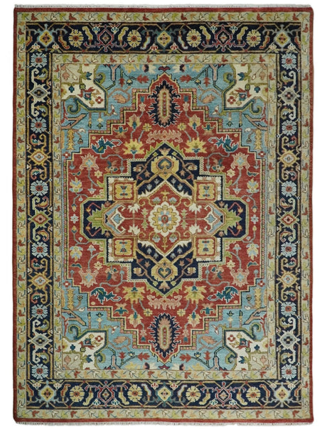 Rust And Blue Traditional Medallion Hand Knotted Wool Area Rug