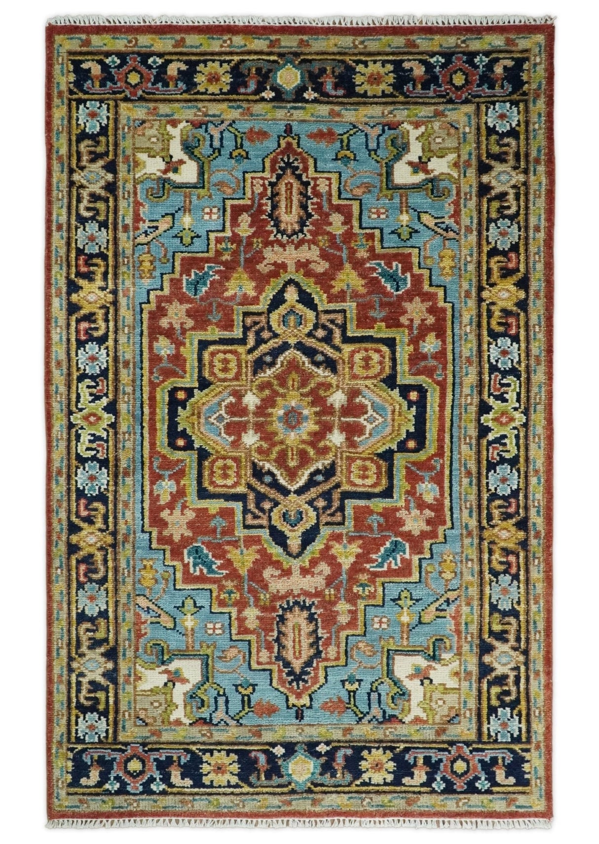 Rust And Blue Traditional Medallion Hand Knotted Wool Area Rug