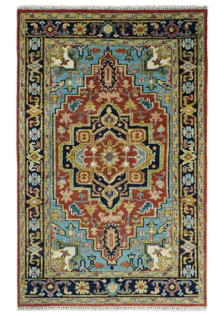 Rust And Blue Traditional Medallion Hand Knotted Wool Area Rug
