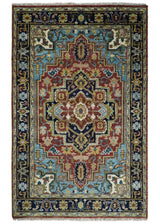 Rust And Blue Traditional Medallion Hand Knotted Wool Area Rug