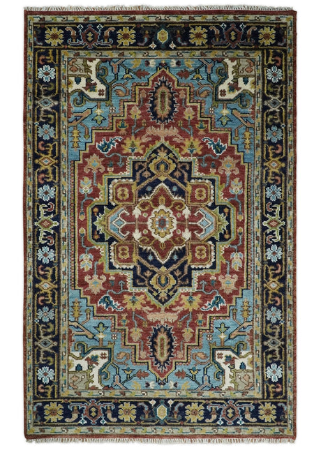 Rust And Blue Traditional Medallion Hand Knotted Wool Area Rug