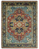 Rust And Blue Traditional Medallion Hand Knotted Wool Area Rug