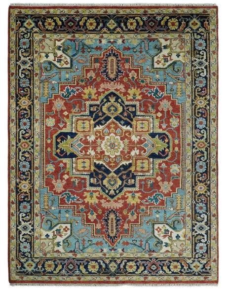Rust And Blue Traditional Medallion Hand Knotted Wool Area Rug