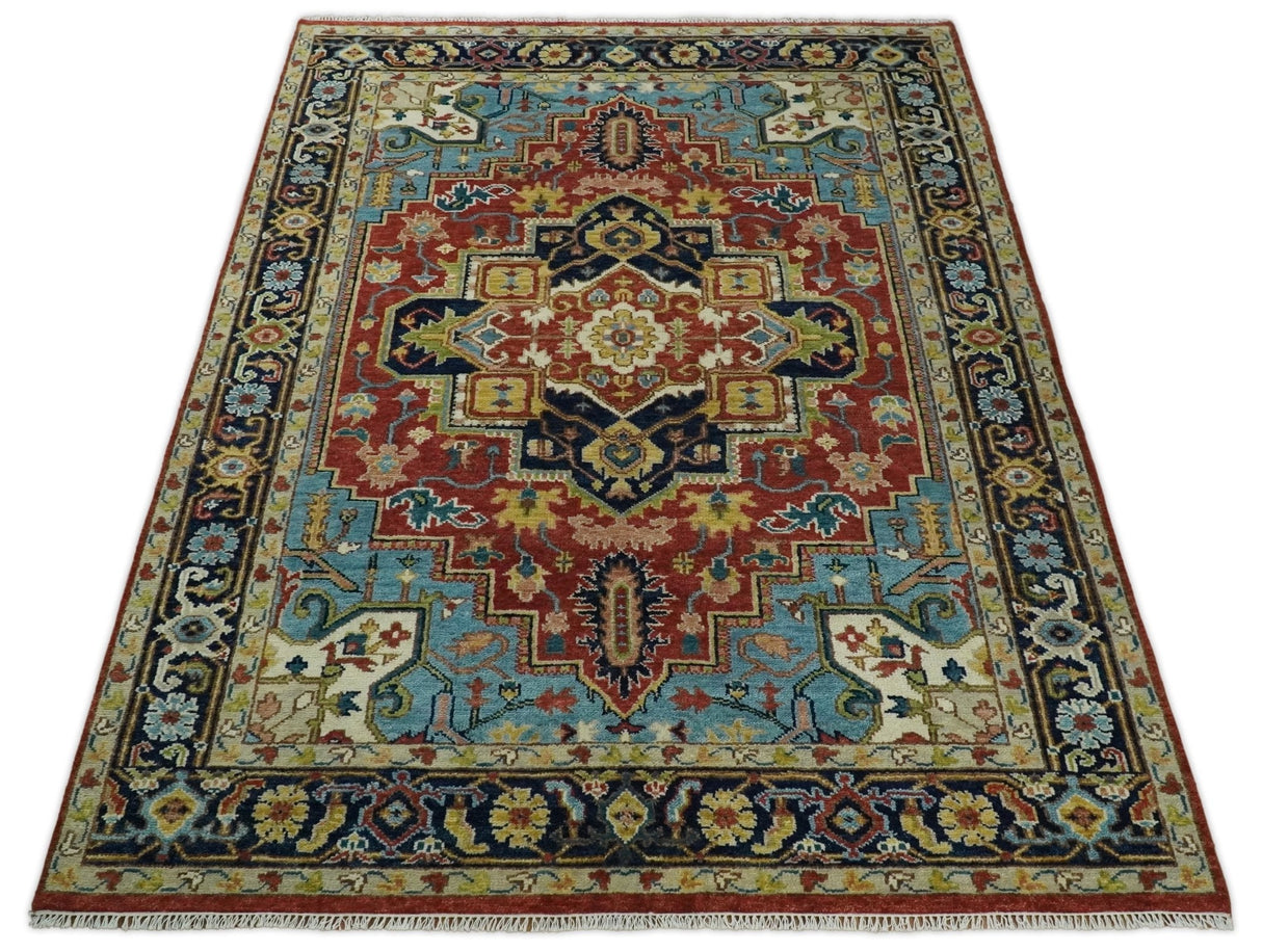 Rust And Blue Traditional Medallion Hand Knotted Wool Area Rug