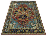 Rust And Blue Traditional Medallion Hand Knotted Wool Area Rug