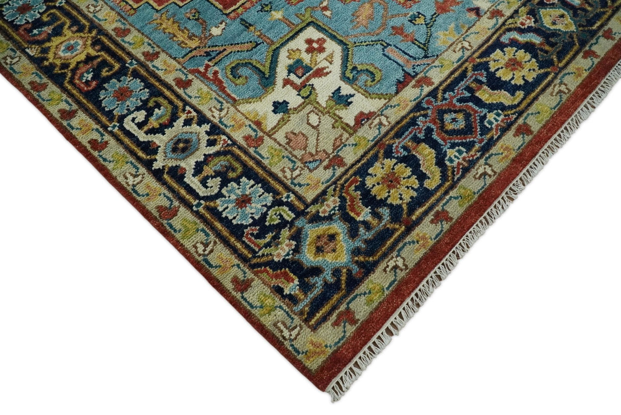 Rust And Blue Traditional Medallion Hand Knotted Wool Area Rug