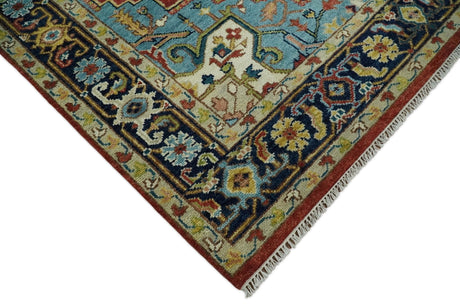 Rust And Blue Traditional Medallion Hand Knotted Wool Area Rug