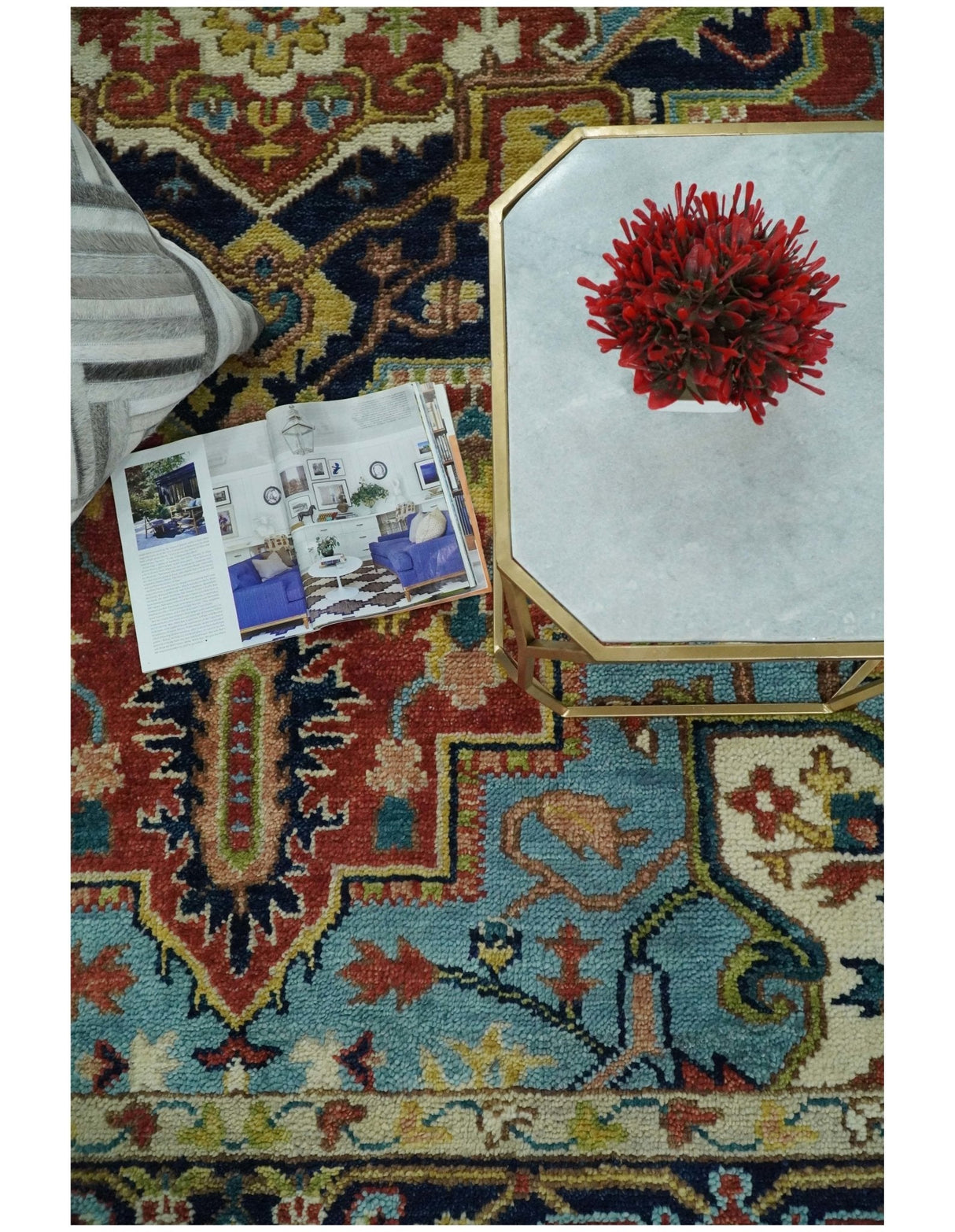 Rust And Blue Traditional Medallion Hand Knotted Wool Area Rug
