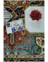 Rust And Blue Traditional Medallion Hand Knotted Wool Area Rug