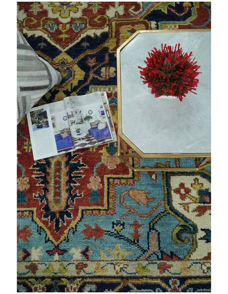 Rust And Blue Traditional Medallion Hand Knotted Wool Area Rug