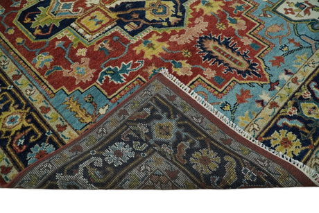 Rust And Blue Traditional Medallion Hand Knotted Wool Area Rug