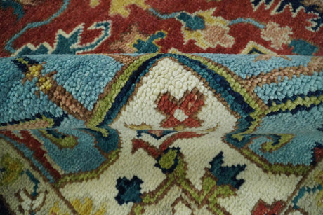 Rust And Blue Traditional Medallion Hand Knotted Wool Area Rug