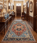 Rust And Blue Traditional Medallion Hand Knotted Wool Area Rug