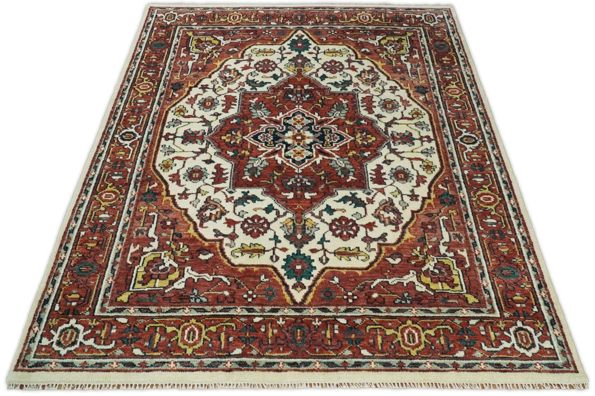 Rust And Ivory Traditional Medallion Hand Knotted Wool Area Rug
