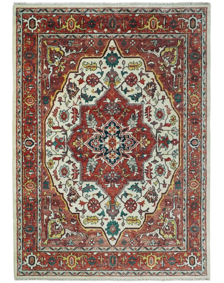 Rust And Ivory Traditional Medallion Hand Knotted Wool Area Rug