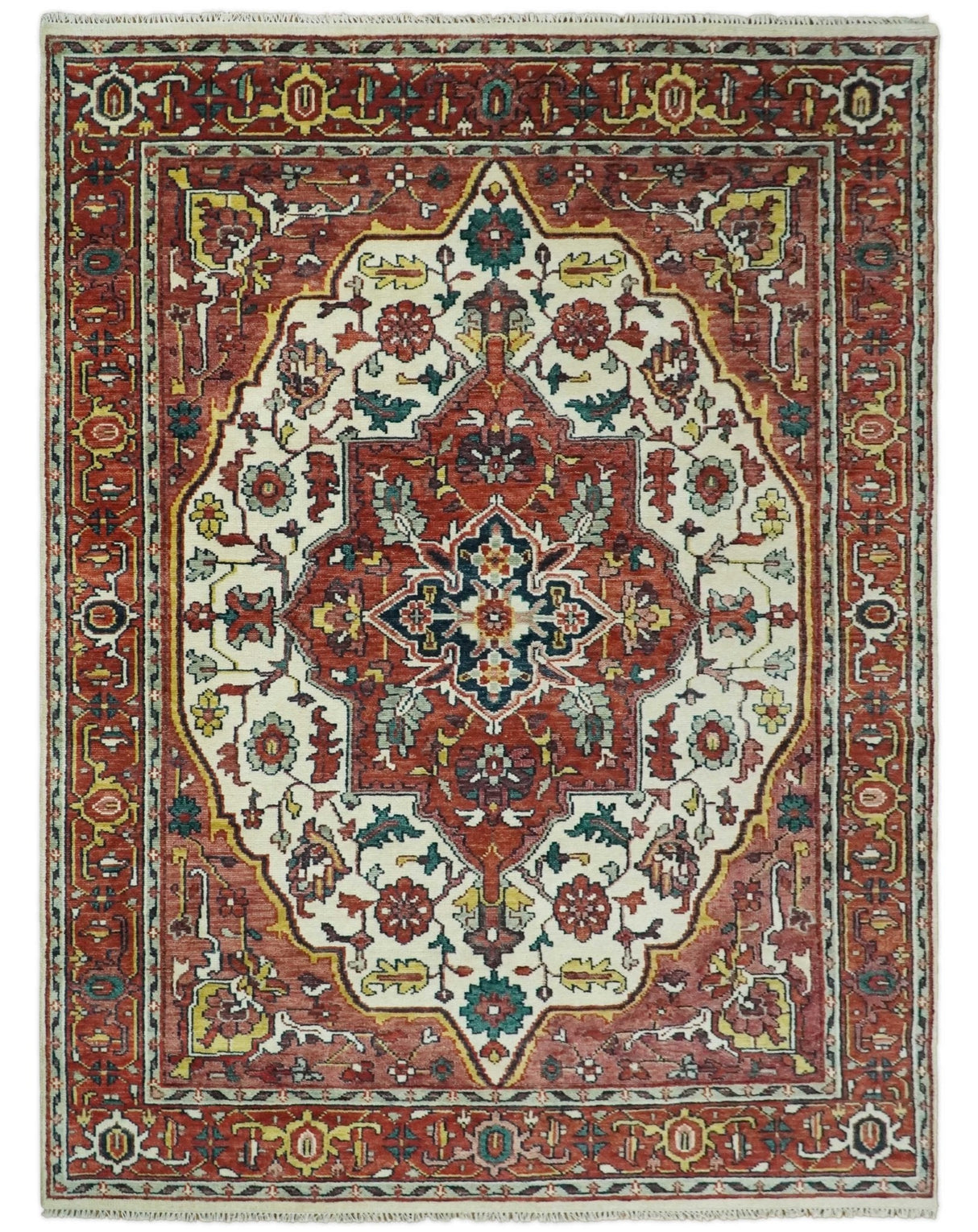 Rust And Ivory Traditional Medallion Hand Knotted Wool Area Rug
