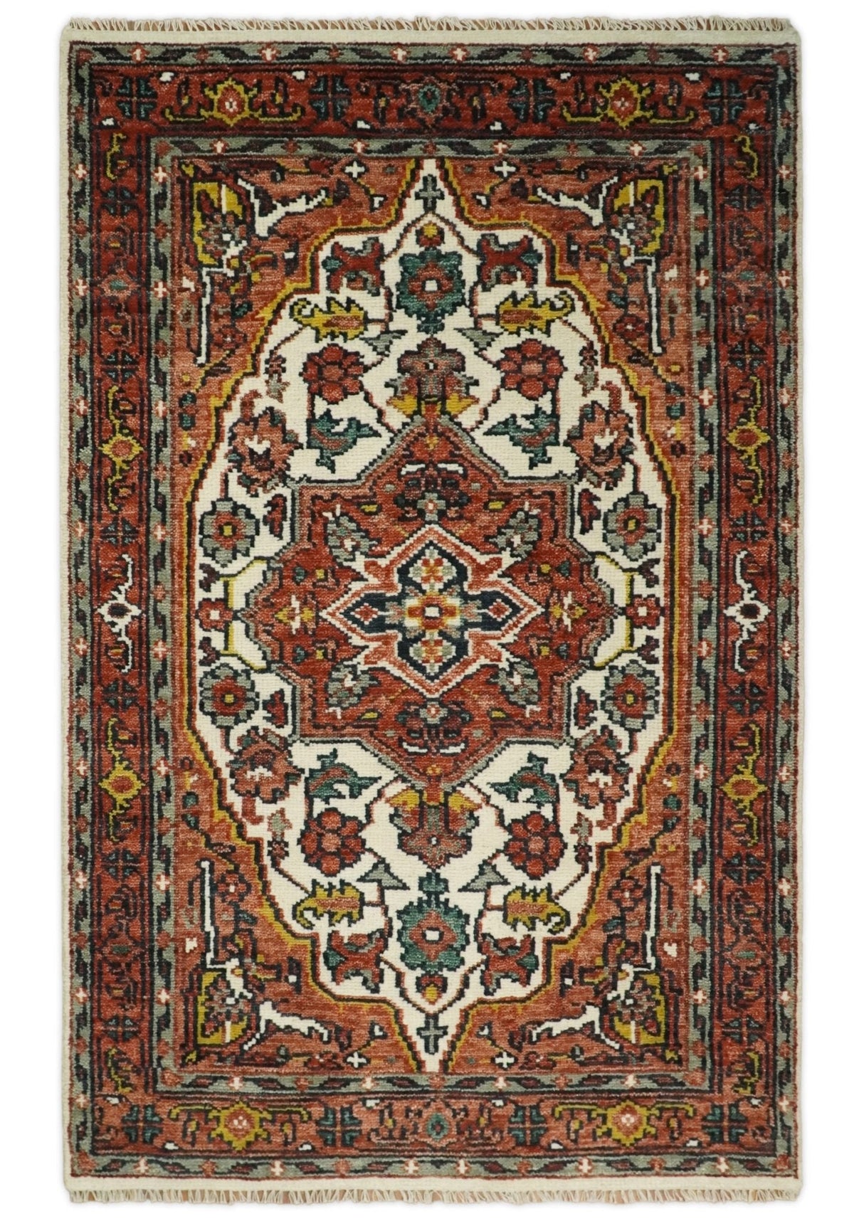 Rust And Ivory Traditional Medallion Hand Knotted Wool Area Rug