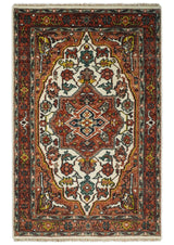 Rust And Ivory Traditional Medallion Hand Knotted Wool Area Rug