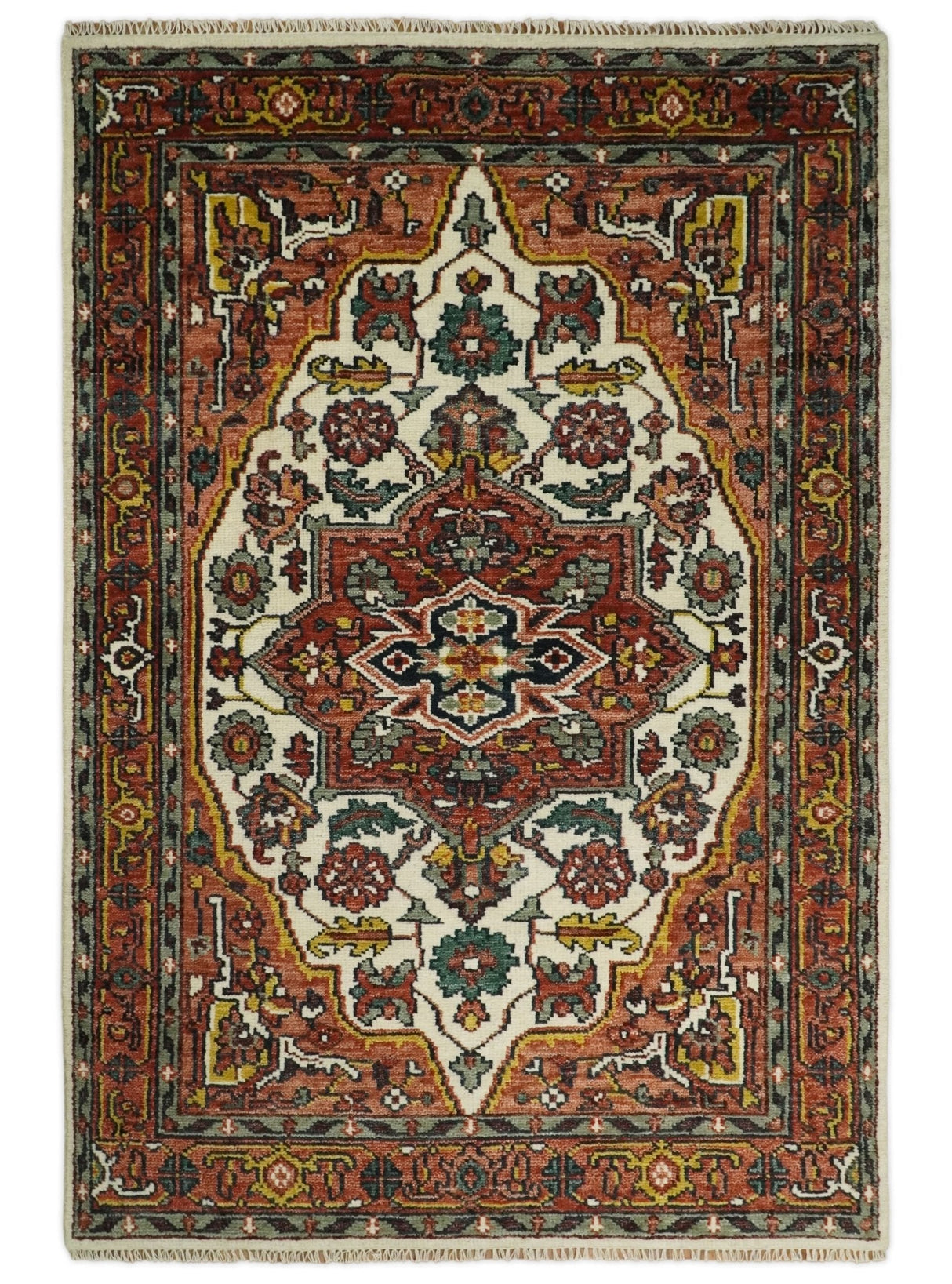 Rust And Ivory Traditional Medallion Hand Knotted Wool Area Rug