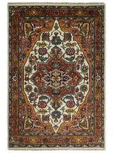 Rust And Ivory Traditional Medallion Hand Knotted Wool Area Rug