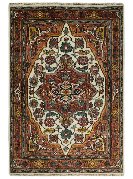 Rust And Ivory Traditional Medallion Hand Knotted Wool Area Rug