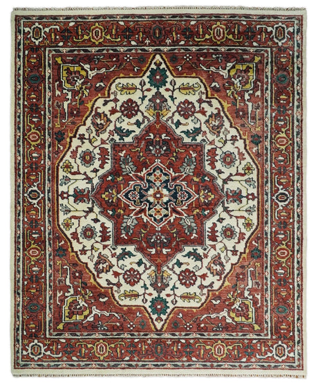 Rust And Ivory Traditional Medallion Hand Knotted Wool Area Rug