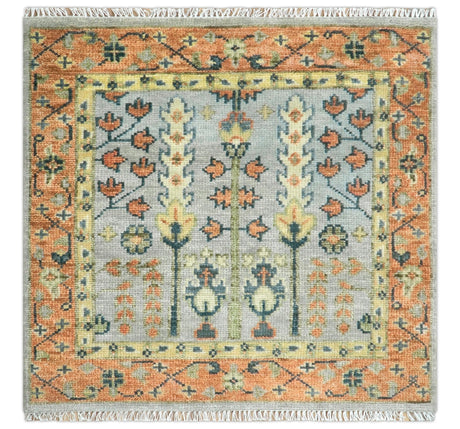 Rust And Silver Tree of life Hand Knotted 4x4 Square Wool Rug