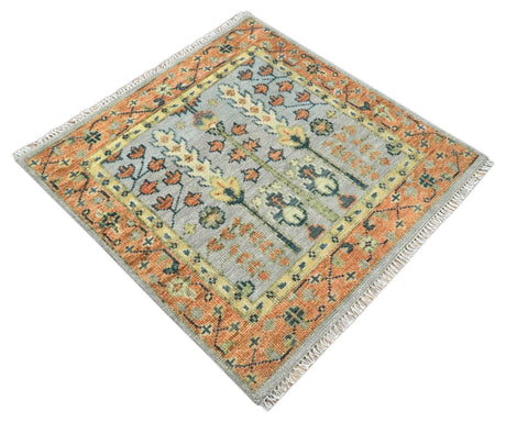 Rust And Silver Tree of life Hand Knotted 4x4 Square Wool Rug