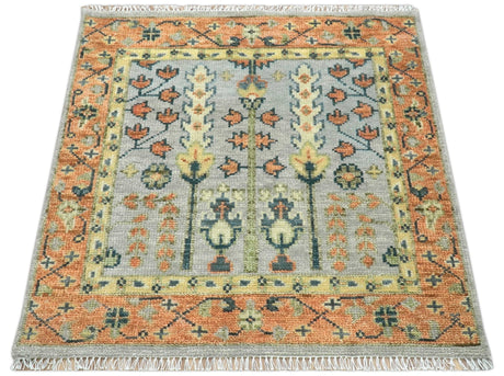 Rust And Silver Tree of life Hand Knotted 4x4 Square Wool Rug