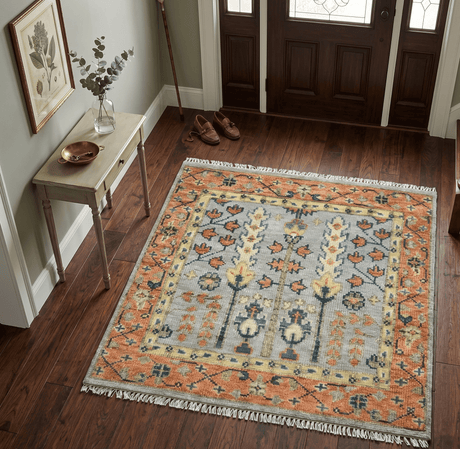 Rust And Silver Tree of life Hand Knotted 4x4 Square Wool Rug