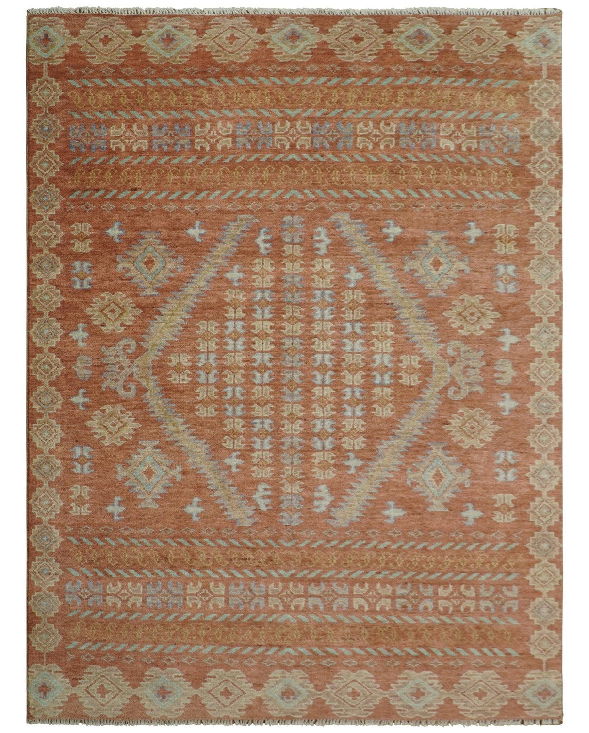 Rust, Beige and Blue Hand knotted Traditional Multi Size Oriental wool Area Rug
