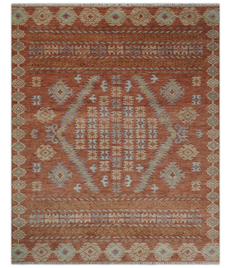 Rust, Beige and Blue Hand knotted Traditional Multi Size Oriental wool Area Rug