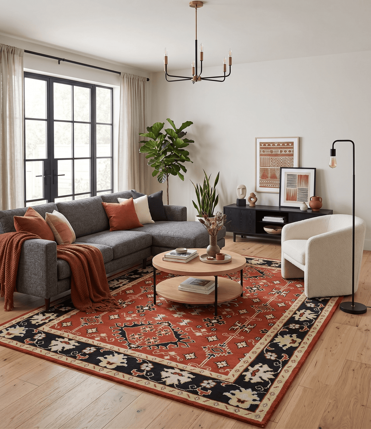 Rust, Black and Beige Traditional Oriental Hand Knotted Custom Made Wool Area Rug