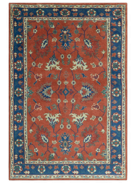 Rust, Blue and Beige Hand Knotted Oriental Oushak Multi Size wool Area Rug