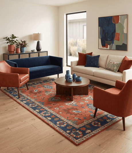 Rust, Blue and Beige Hand Knotted Oriental Oushak Multi Size wool Area Rug