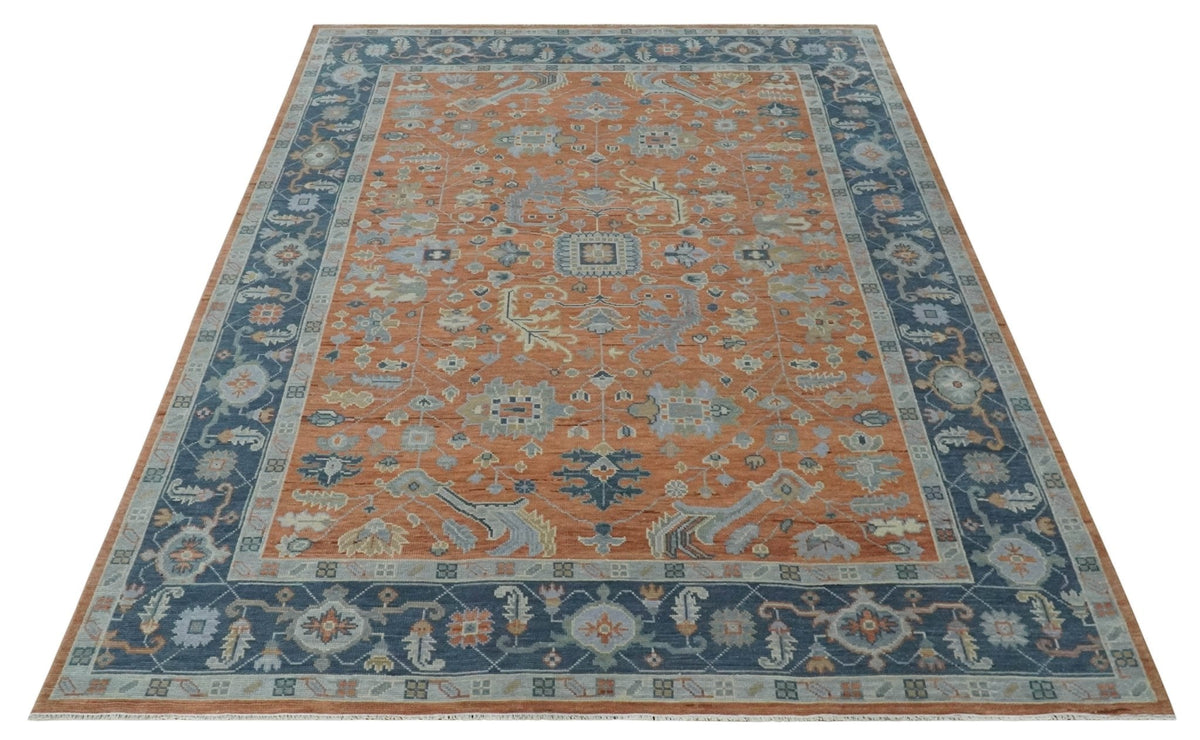 Rust, Blue and Silver Hand Knotted Traditional Multi Size Oushak Wool Area Rug