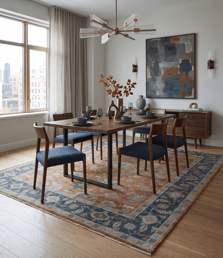 Rust, Blue and Silver Hand Knotted Traditional Multi Size Oushak Wool Area Rug